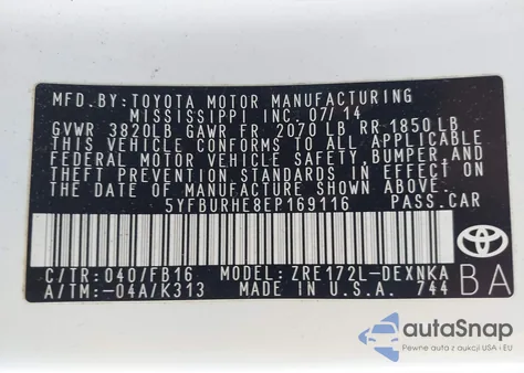 2014 Toyota Corolla Le z USA, uszkodzony, nr VIN 5YFBURHE8EP169116